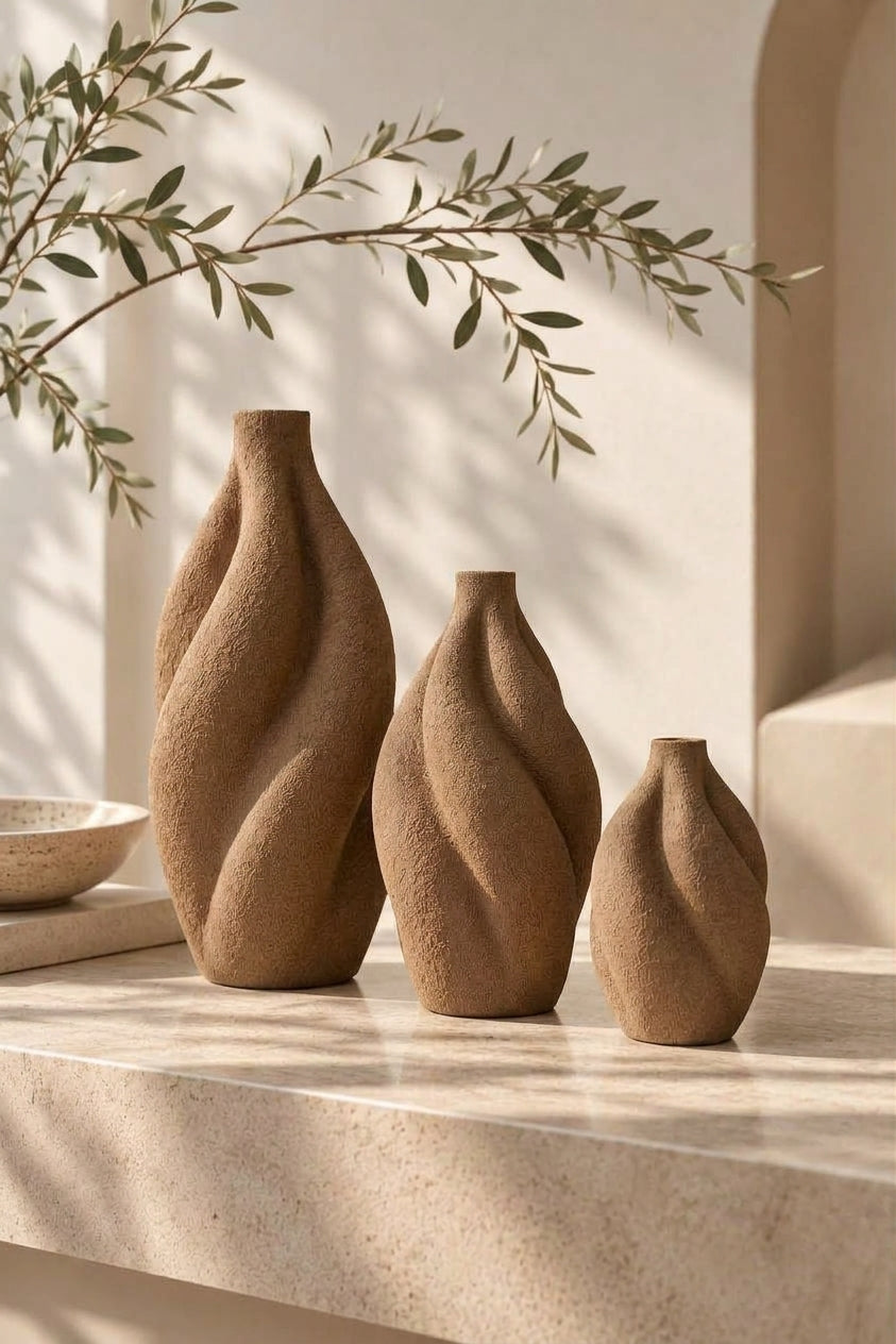 3'lü Organik Form Dekoratif Vazo Seti – PLA Bioplastik, 3 Boy Minimal Vazo