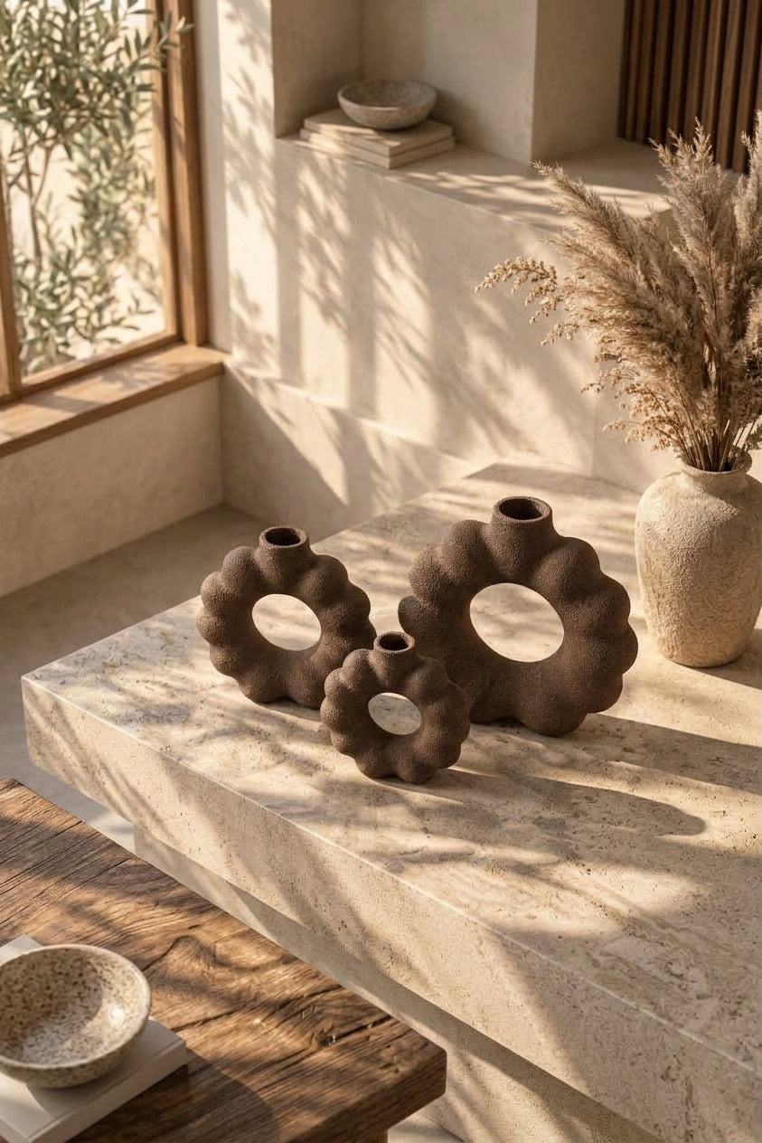 3'lü Çiçek Form Dekoratif Vazo Seti – 3D Baskı PLA Bioplastik, Japandi Wabi Sabi Dekor