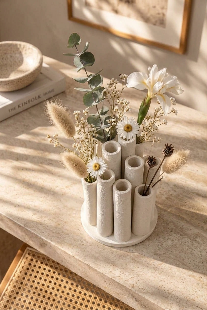 Bambu Form Dekoratif Vazo – 3D Baskı Çoklu Tüp Çiçeklik, Bohem Masa Üstü Vazo 18 cm