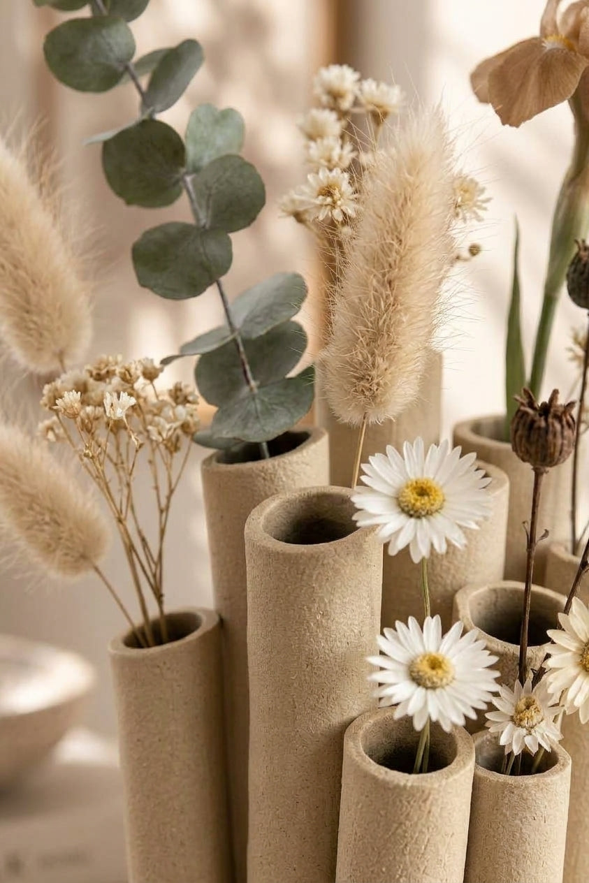 Bambu Form Dekoratif Vazo – 3D Baskı Çoklu Tüp Çiçeklik, Bohem Masa Üstü Vazo 18 cm