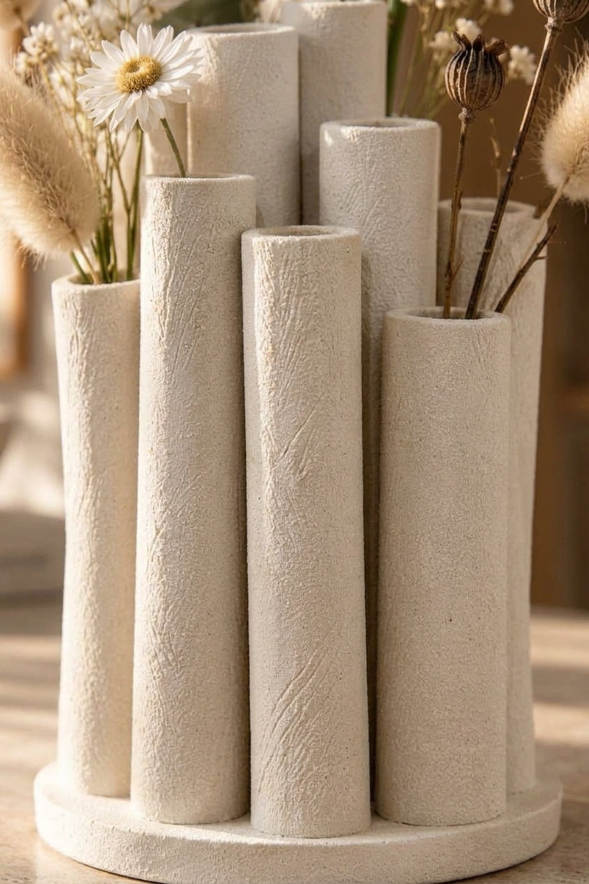 Bambu Form Dekoratif Vazo – 3D Baskı Çoklu Tüp Çiçeklik, Bohem Masa Üstü Vazo 18 cm