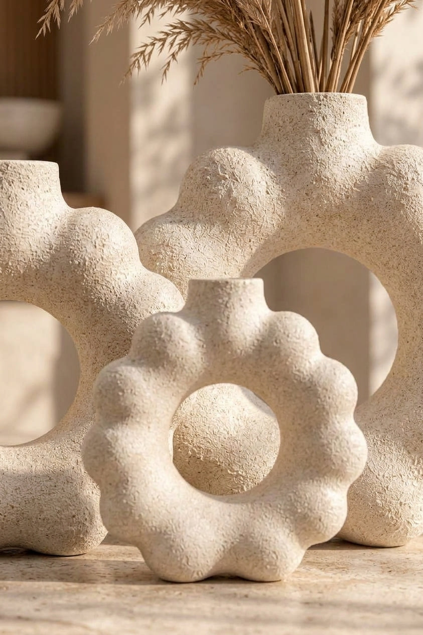 3'lü Çiçek Form Dekoratif Vazo Seti – 3D Baskı PLA Bioplastik, Japandi Wabi Sabi Dekor