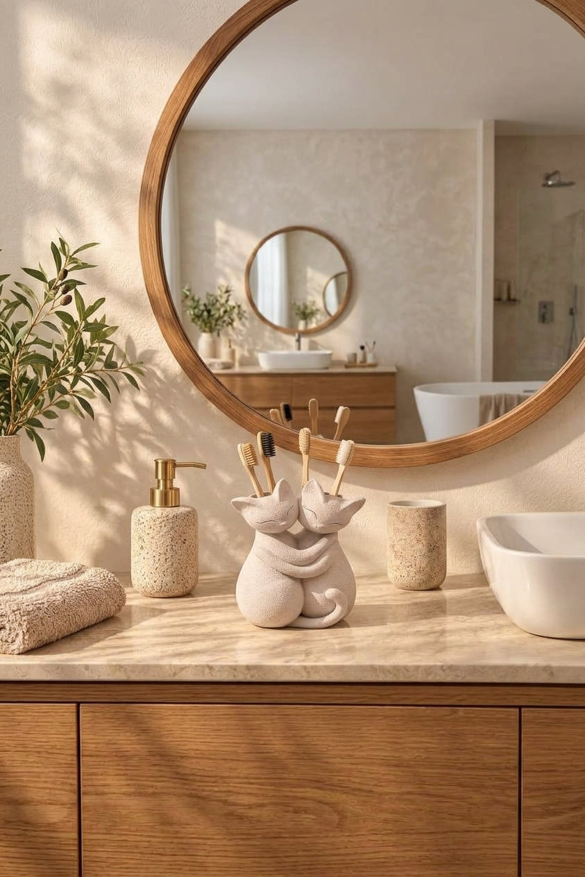 Sarılmış Kediler Figürlü Diş Fırçalığı – Çift Hazneli Banyo Organizeri 13×13 cm