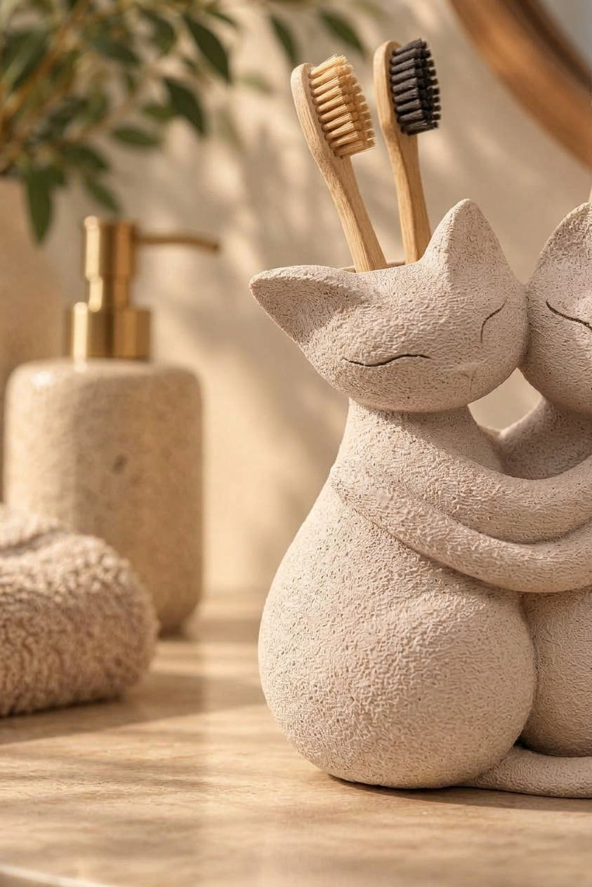 Sarılmış Kediler Figürlü Diş Fırçalığı – Çift Hazneli Banyo Organizeri 13×13 cm