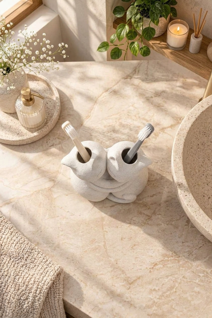 Sarılmış Kediler Figürlü Diş Fırçalığı – Çift Hazneli Banyo Organizeri 13×13 cm