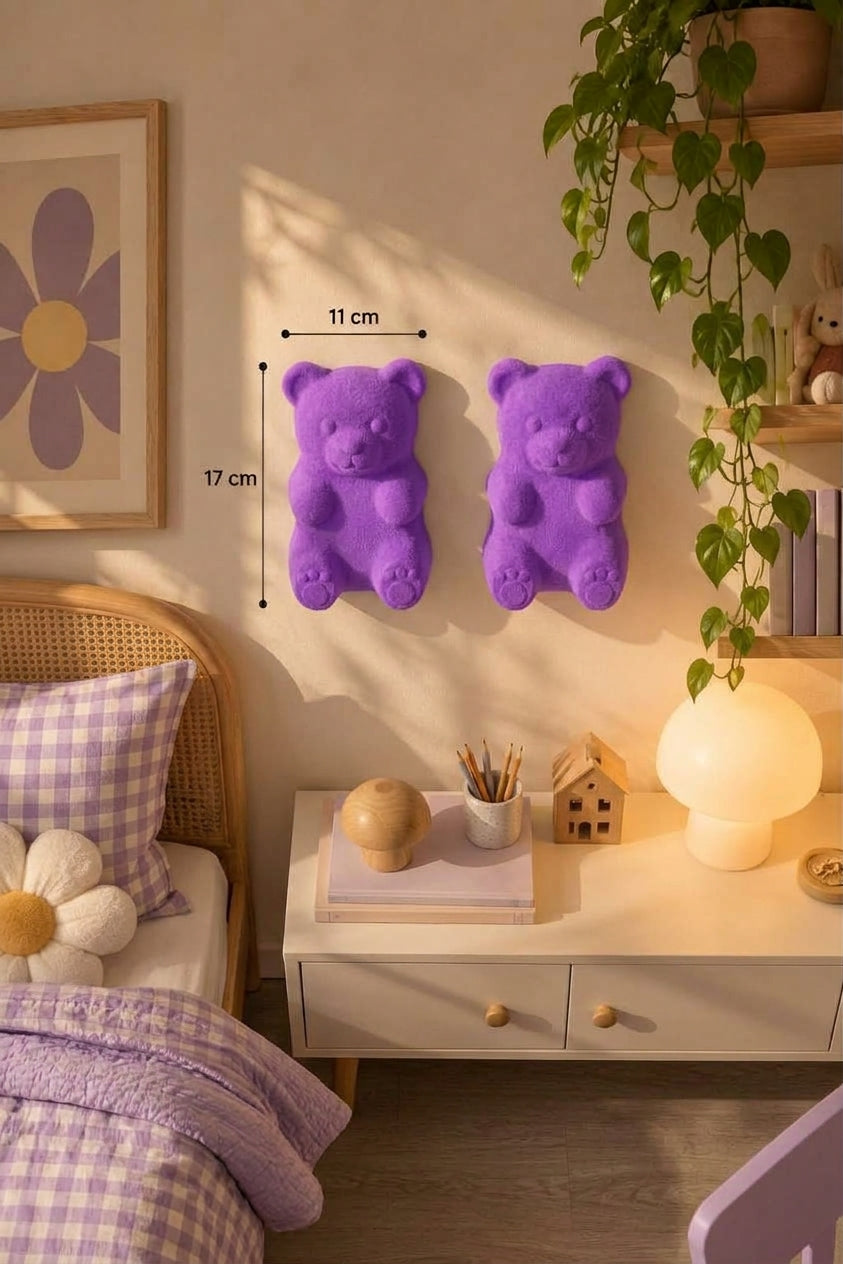 3D Ayıcık Duvar Dekoru – Delmesiz Yapışkanlı 2'li / 4'lü Set Çocuk Odası Duvar Süsü 17 cm