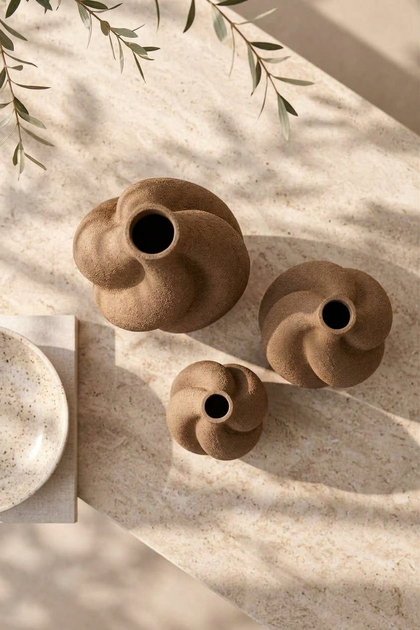 3'lü Organik Form Dekoratif Vazo Seti – PLA Bioplastik, 3 Boy Minimal Vazo
