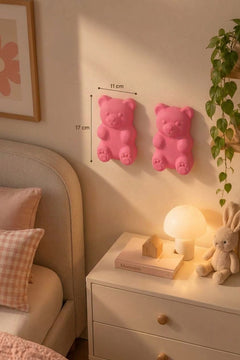 Pembe 3D ayıcık duvar dekoru yatak odasında 2'li set 11 x 17 cm