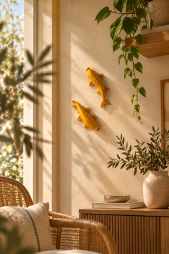 Sarı 3D koi balığı duvar dekoru 2'li set doğal tonlu yaşam alanında