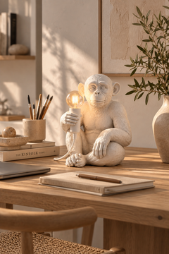 Beyaz 3D maymun figürlü masa lambası çalışma masasında, E27 ampullü dekoratif abajur