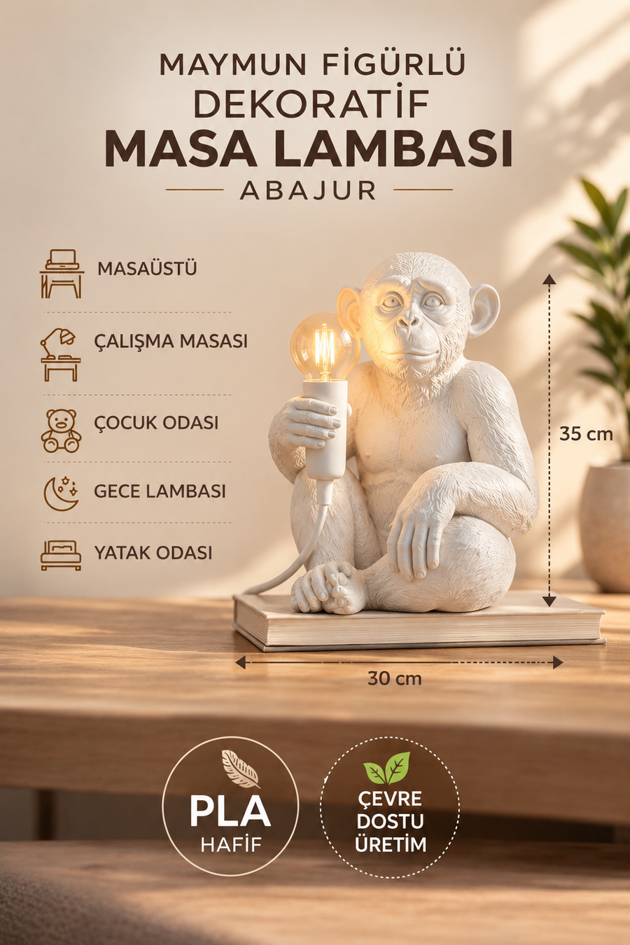3D maymun masa lambası 30 x 35 cm ölçü ve kullanım alanları infografik