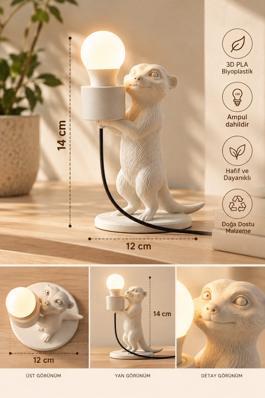 3D surikat masa lambası 14 x 12 cm ölçü ve ürün detayları