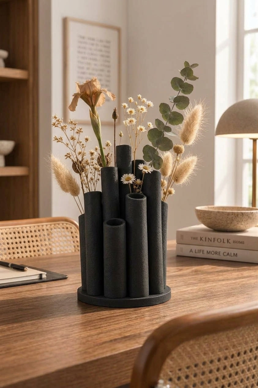 Bambu Form Dekoratif Vazo – 3D Baskı Çoklu Tüp Çiçeklik, Bohem Masa Üstü Vazo 18 cm