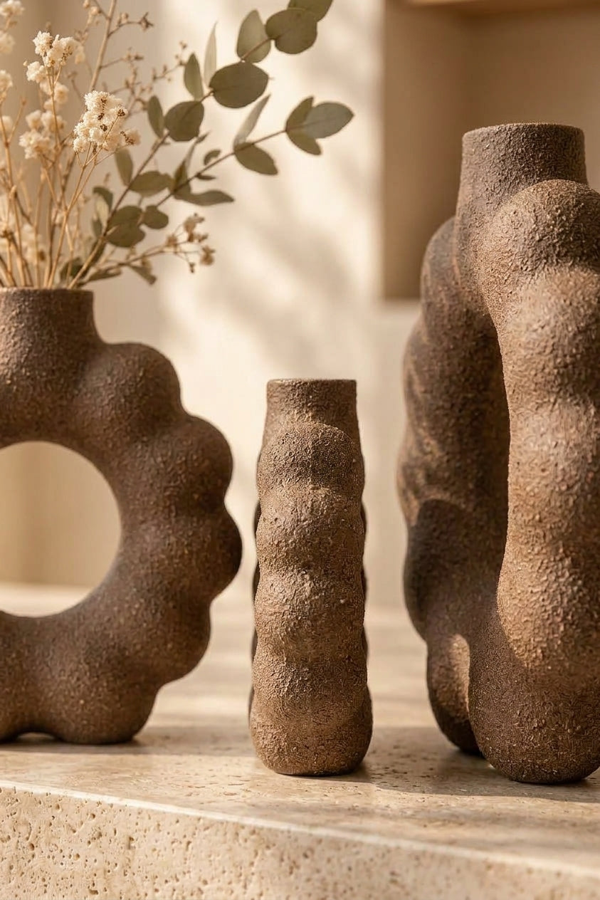 3'lü Çiçek Form Dekoratif Vazo Seti – 3D Baskı PLA Bioplastik, Japandi Wabi Sabi Dekor