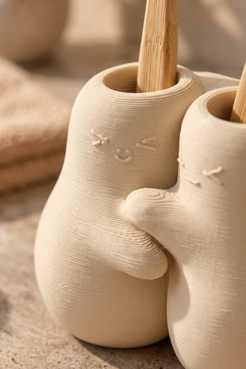 Hug Duo Sarılan Çift Diş Fırçalık – 3D Baskı PLA Banyo Organizeri 13×13 cm