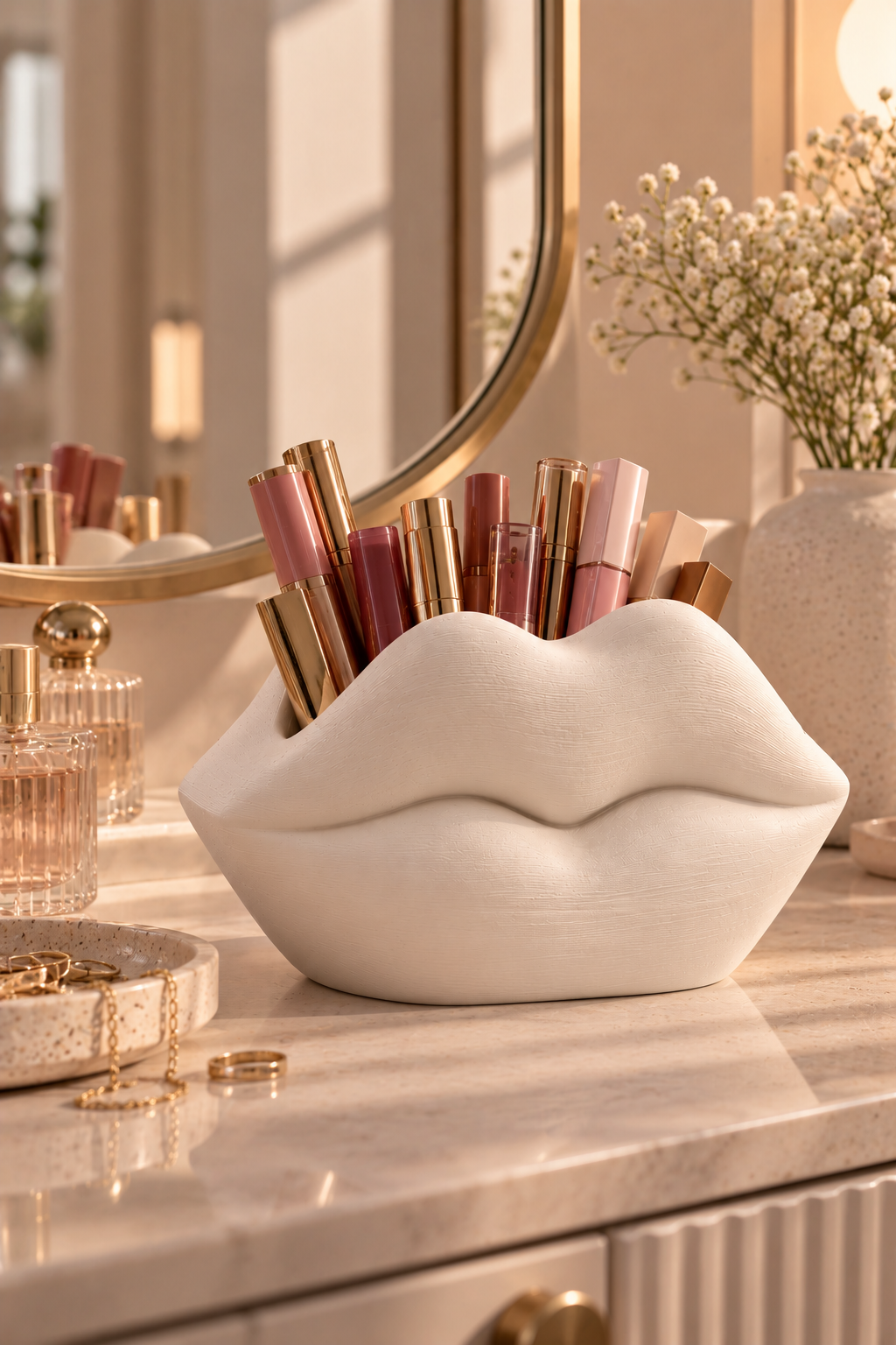 Dudak Form Masaüstü Organizer – 3D Baskı PLA Kalemlik, Makyaj Fırçalık ve Gözlük Standı