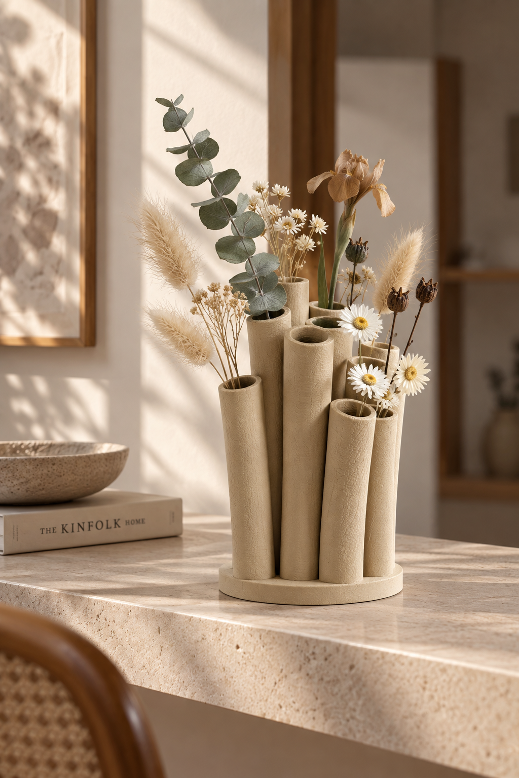 Bambu Form Dekoratif Vazo – 3D Baskı Çoklu Tüp Çiçeklik, Bohem Masa Üstü Vazo 18 cm