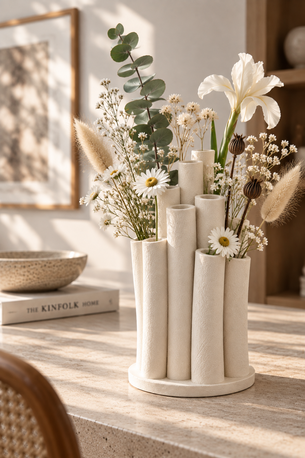 Bambu Form Dekoratif Vazo – 3D Baskı Çoklu Tüp Çiçeklik, Bohem Masa Üstü Vazo 18 cm