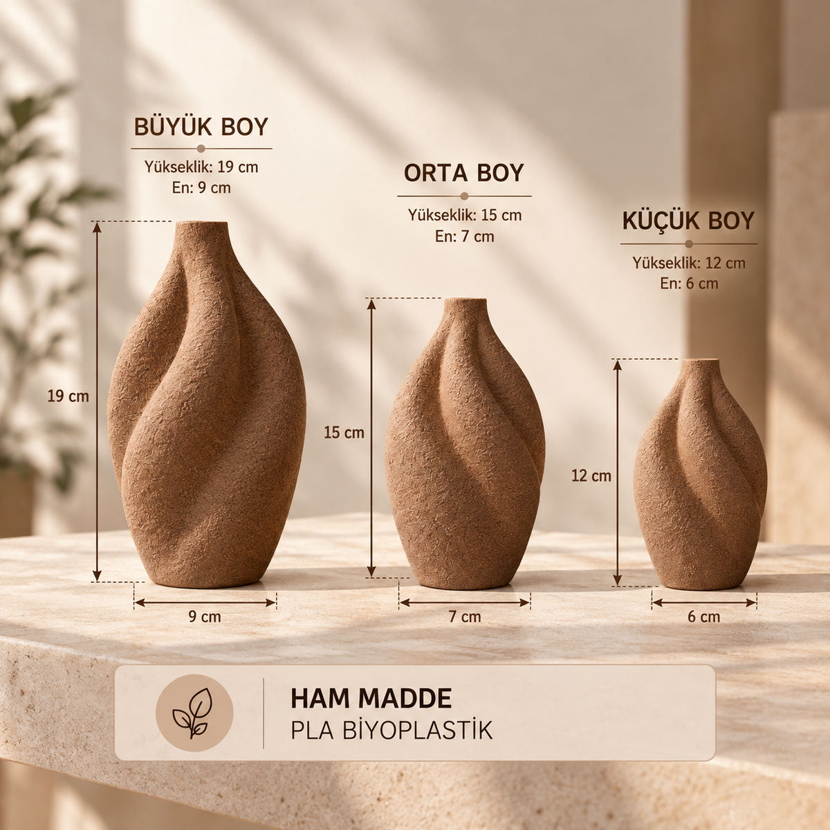 3'lü Organik Form Dekoratif Vazo Seti – PLA Bioplastik, 3 Boy Minimal Vazo