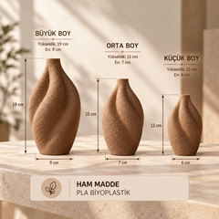 3'lü Organik Form Dekoratif Vazo Seti – PLA Bioplastik, 3 Boy Minimal Vazo