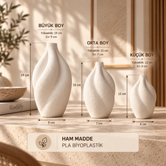 3'lü Organik Form Dekoratif Vazo Seti – PLA Bioplastik, 3 Boy Minimal Vazo