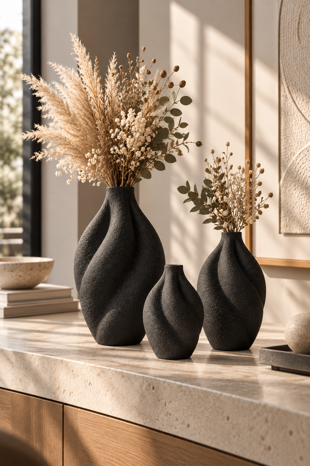 3'lü Organik Form Dekoratif Vazo Seti – PLA Bioplastik, 3 Boy Minimal Vazo
