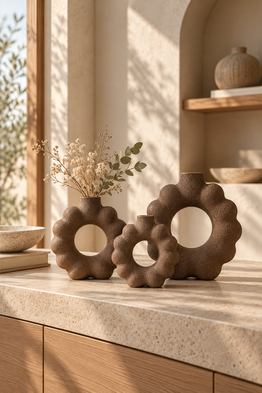 3'lü Çiçek Form Dekoratif Vazo Seti – 3D Baskı PLA Bioplastik, Japandi Wabi Sabi Dekor