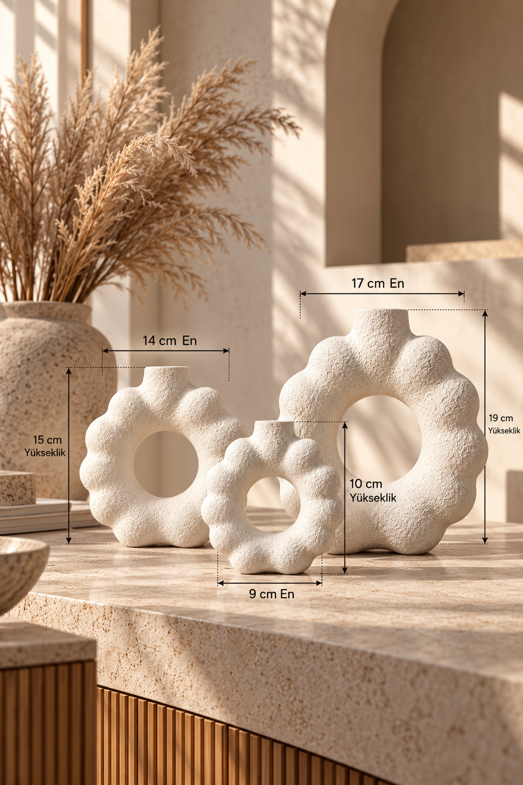 3'lü Çiçek Form Dekoratif Vazo Seti – 3D Baskı PLA Bioplastik, Japandi Wabi Sabi Dekor