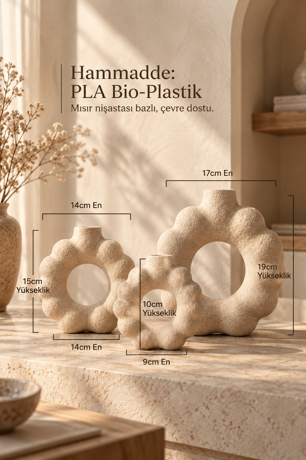 3'lü Çiçek Form Dekoratif Vazo Seti – 3D Baskı PLA Bioplastik, Japandi Wabi Sabi Dekor