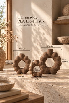 3'lü Çiçek Form Dekoratif Vazo Seti – 3D Baskı PLA Bioplastik, Japandi Wabi Sabi Dekor