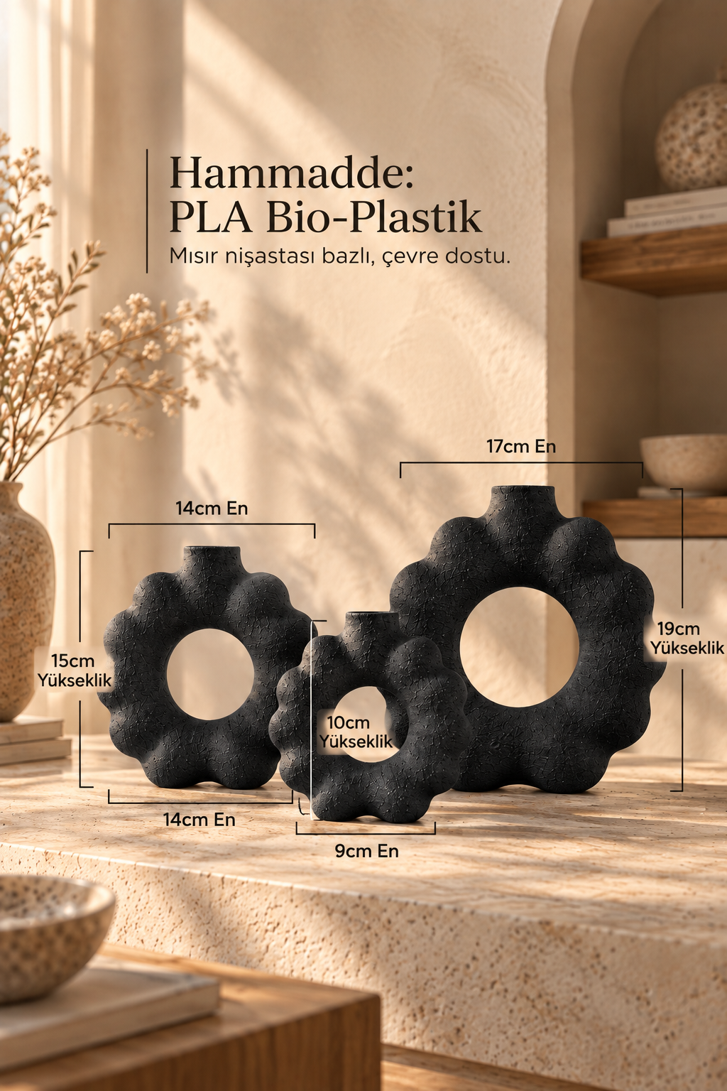 3'lü Çiçek Form Dekoratif Vazo Seti – 3D Baskı PLA Bioplastik, Japandi Wabi Sabi Dekor