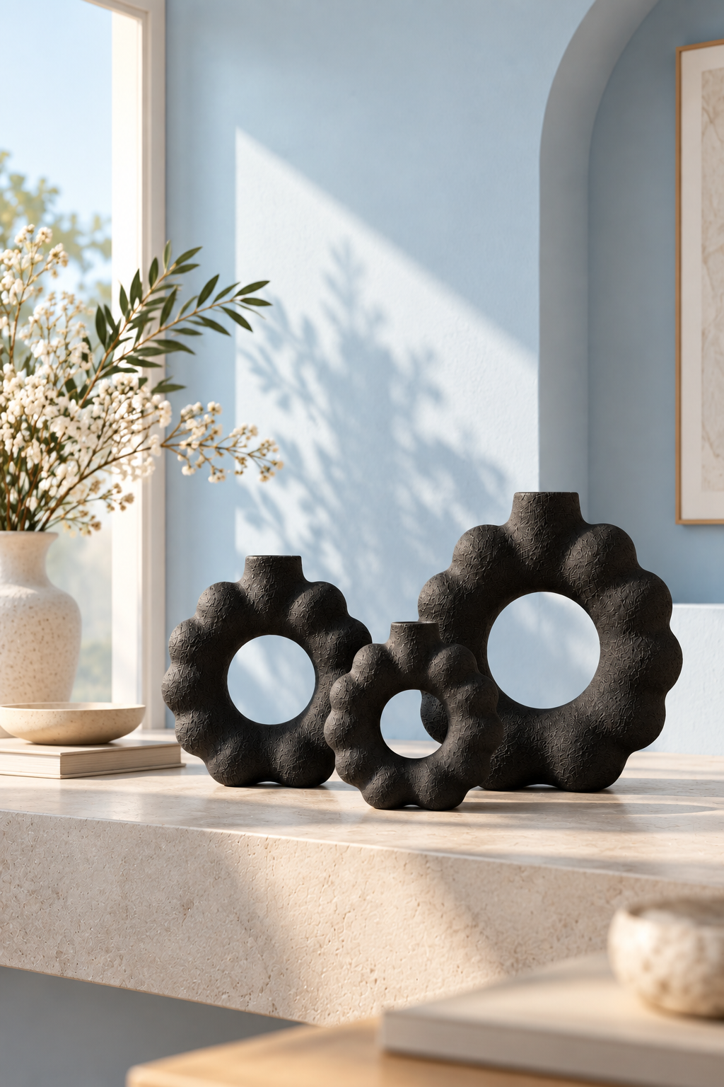 3'lü Çiçek Form Dekoratif Vazo Seti – 3D Baskı PLA Bioplastik, Japandi Wabi Sabi Dekor