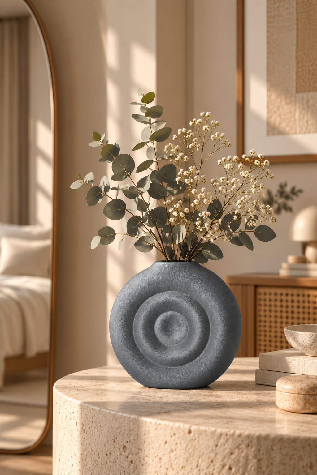 Orbit Spiral Oval Dekoratif Vazo – 3D Baskı PLA, Modern Masa Üstü Vazo 14 cm