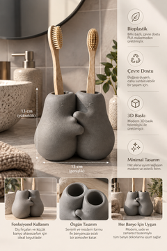 Hug Duo Sarılan Çift Diş Fırçalık – 3D Baskı PLA Banyo Organizeri 13×13 cm