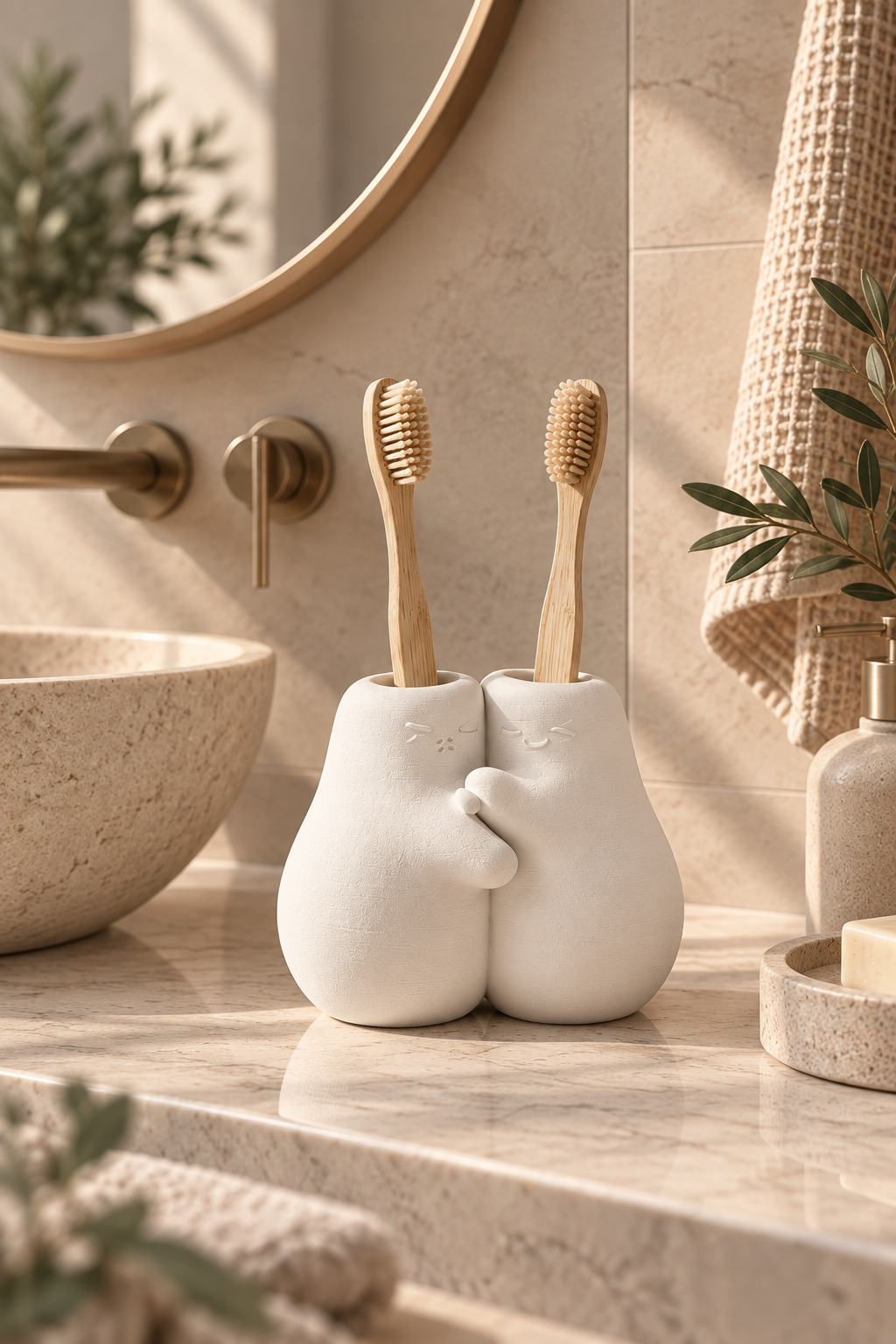 Hug Duo Sarılan Çift Diş Fırçalık – 3D Baskı PLA Banyo Organizeri 13×13 cm