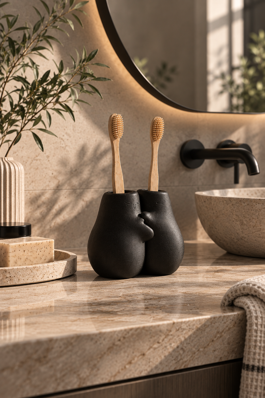 Hug Duo Sarılan Çift Diş Fırçalık – 3D Baskı PLA Banyo Organizeri 13×13 cm