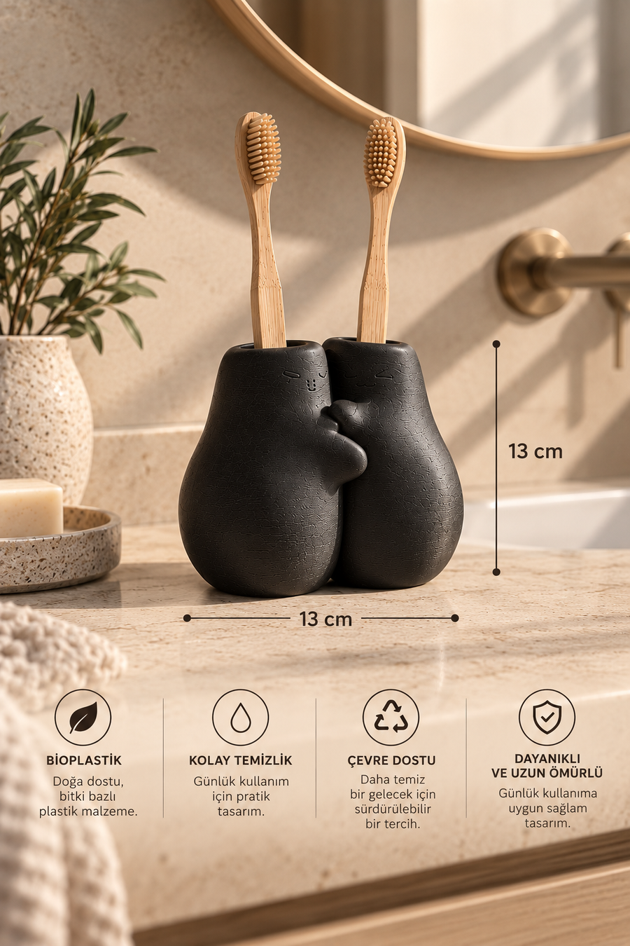Hug Duo Sarılan Çift Diş Fırçalık – 3D Baskı PLA Banyo Organizeri 13×13 cm