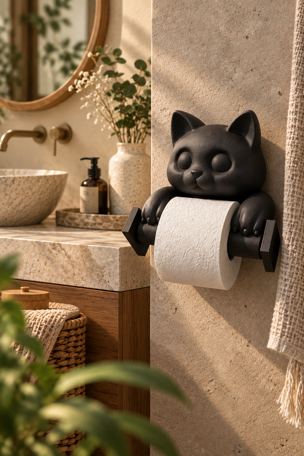 Kedi Tuvalet Kağıdı Tutucu – Duvar Tipi PLA WC Kağıtlık 22 cm