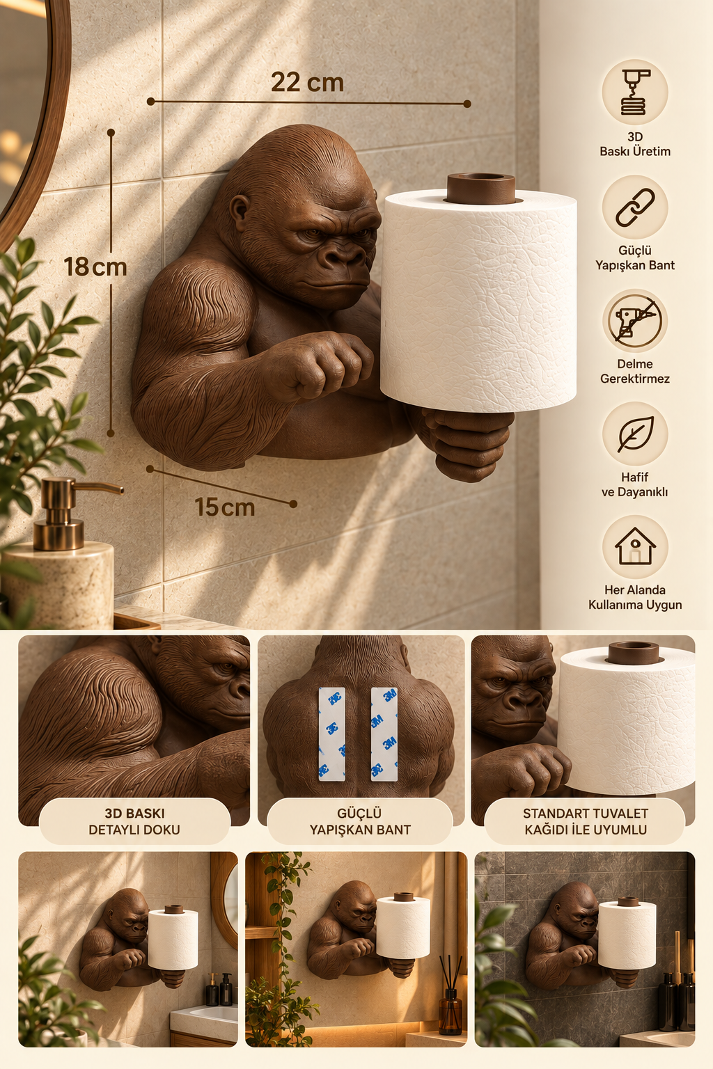 Goril Tuvalet Kağıdı Tutucu – Duvar Tipi 3D Baskı WC Kağıtlık 22 cm