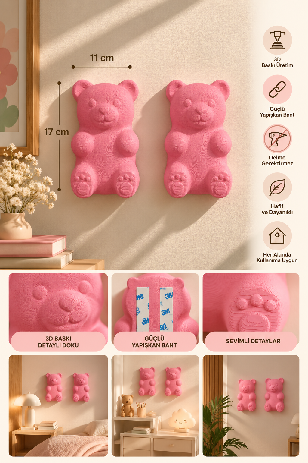 3D Ayıcık Duvar Dekoru – Delmesiz Yapışkanlı 2'li / 4'lü Set Çocuk Odası Duvar Süsü 17 cm