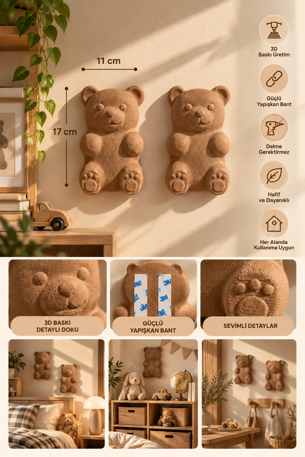 3D Ayıcık Duvar Dekoru – Delmesiz Yapışkanlı 2'li / 4'lü Set Çocuk Odası Duvar Süsü 17 cm