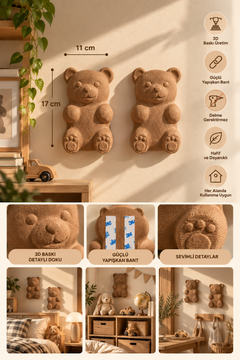 3D Ayıcık Duvar Dekoru – Delmesiz Yapışkanlı 2'li / 4'lü Set Çocuk Odası Duvar Süsü 17 cm