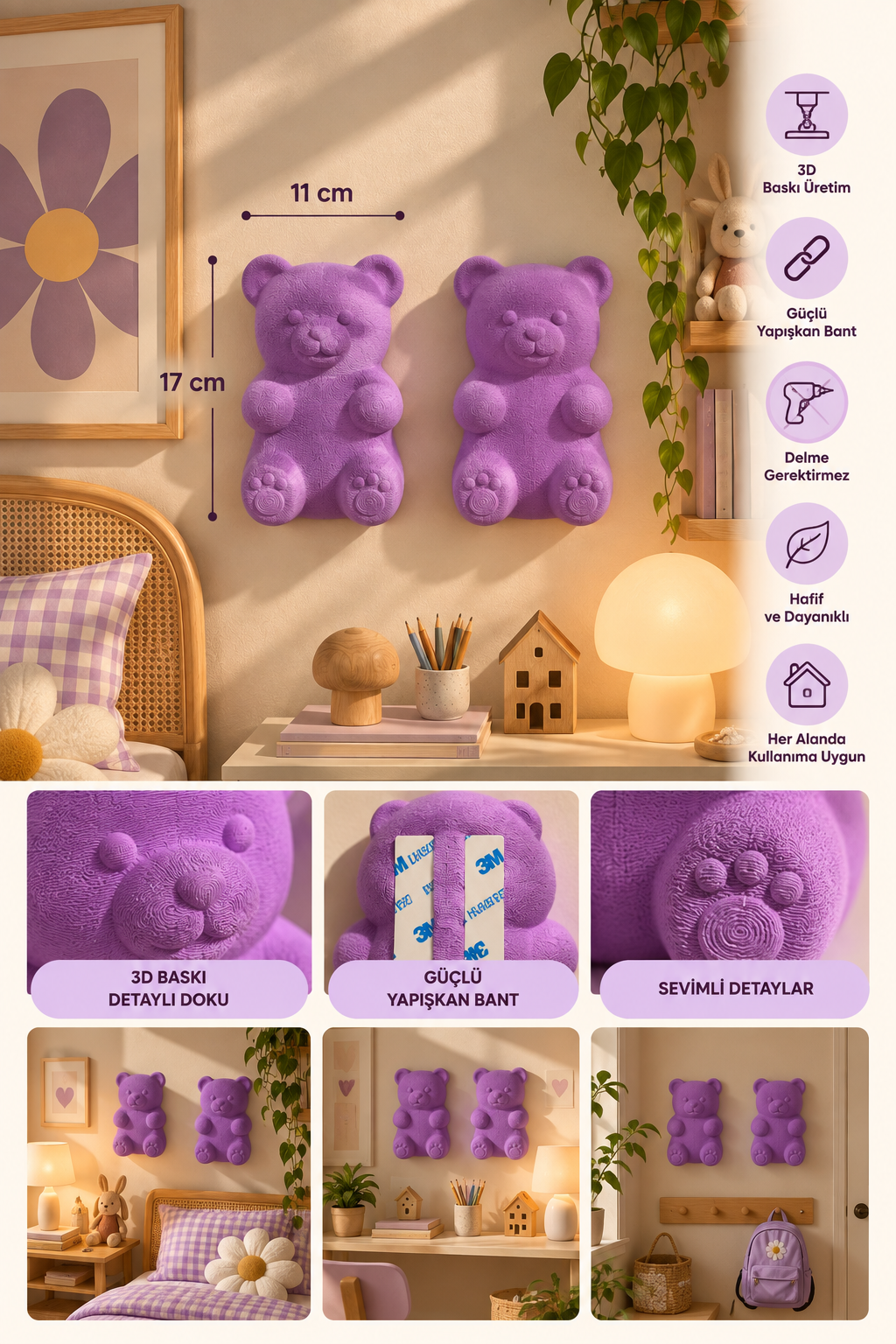 3D Ayıcık Duvar Dekoru – Delmesiz Yapışkanlı 2'li / 4'lü Set Çocuk Odası Duvar Süsü 17 cm