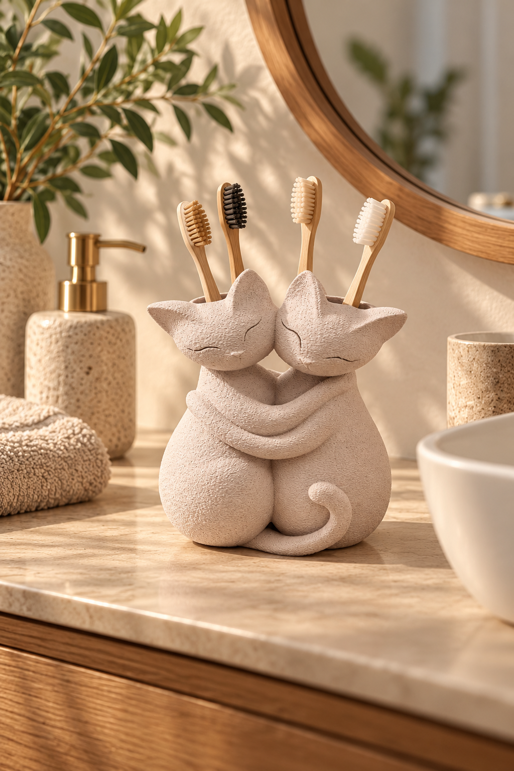 Sarılmış Kediler Figürlü Diş Fırçalığı – Çift Hazneli Banyo Organizeri 13×13 cm