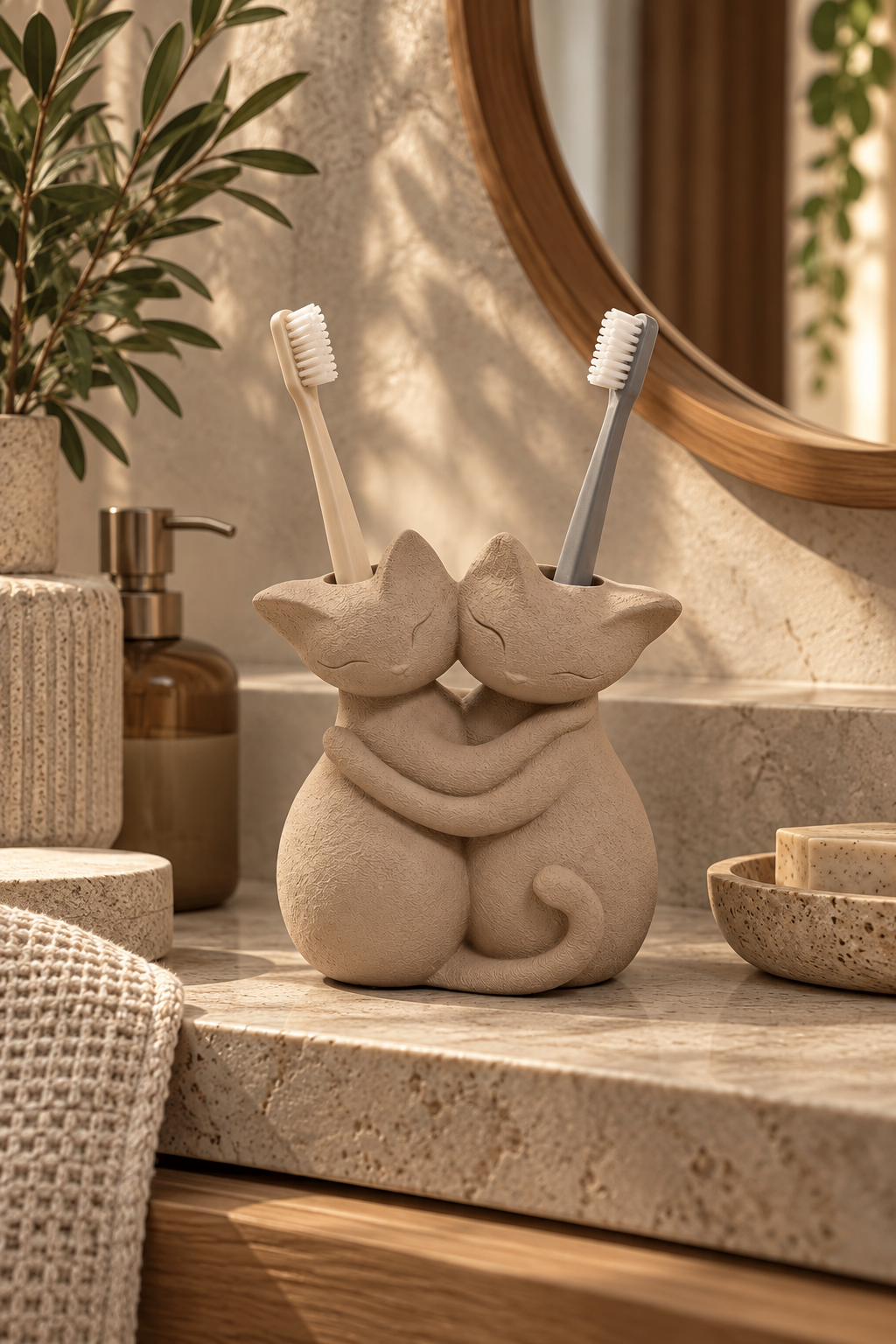 Sarılmış Kediler Figürlü Diş Fırçalığı – Çift Hazneli Banyo Organizeri 13×13 cm