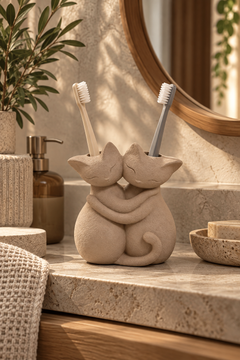 Sarılmış Kediler Figürlü Diş Fırçalığı – Çift Hazneli Banyo Organizeri 13×13 cm