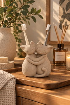Sarılmış Kediler Figürlü Diş Fırçalığı – Çift Hazneli Banyo Organizeri 13×13 cm