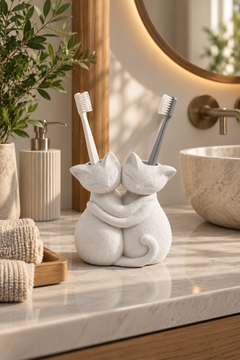Sarılmış Kediler Figürlü Diş Fırçalığı – Çift Hazneli Banyo Organizeri 13×13 cm