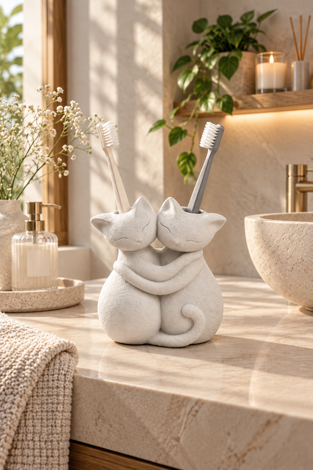 Sarılmış Kediler Figürlü Diş Fırçalığı – Çift Hazneli Banyo Organizeri 13×13 cm