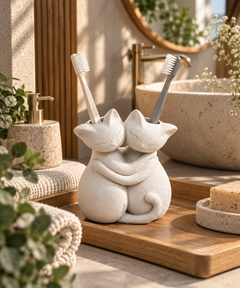 Sarılmış Kediler Figürlü Diş Fırçalığı – Çift Hazneli Banyo Organizeri 13×13 cm